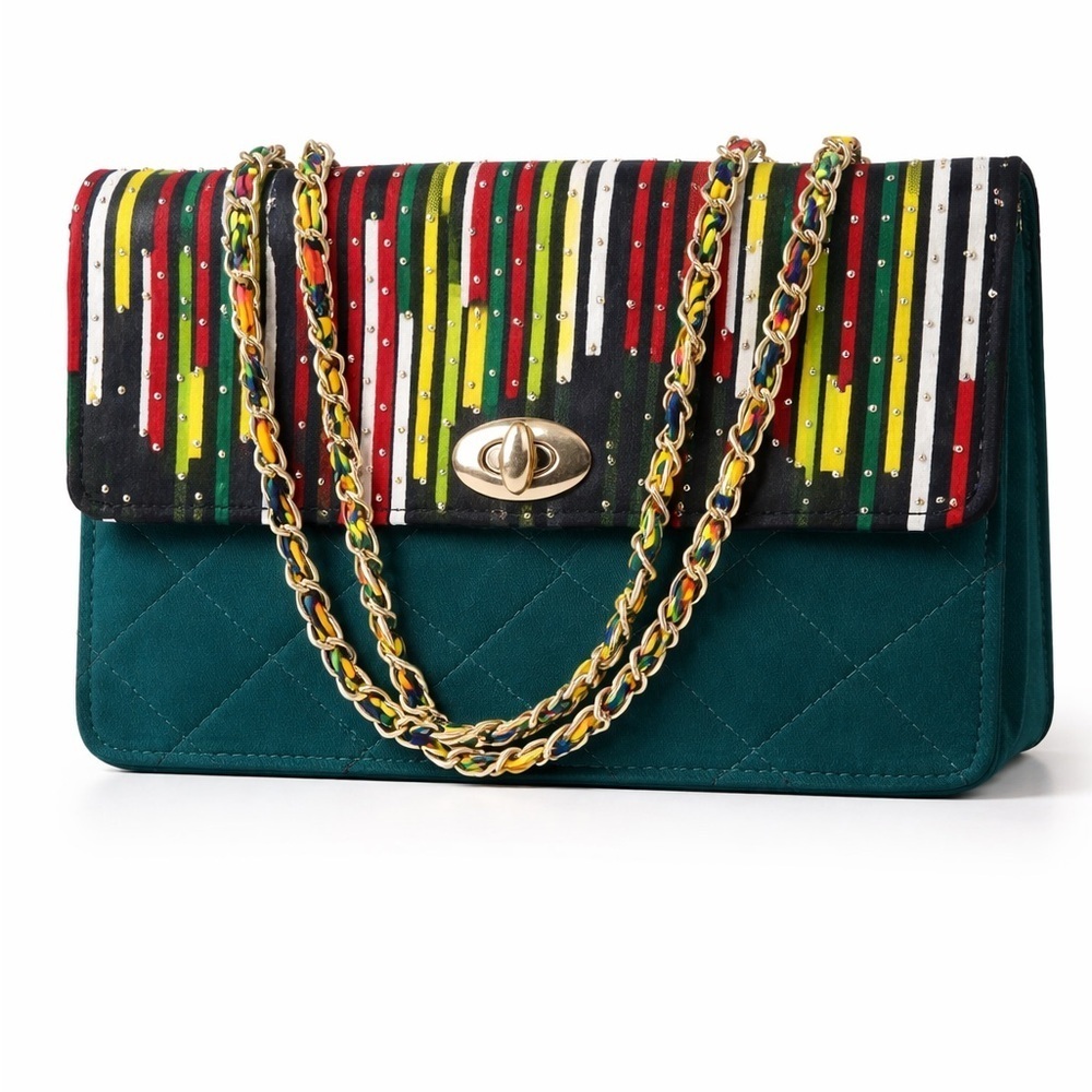 Quilted Teal Shoulder Bag with Multicolor Stripe Flap